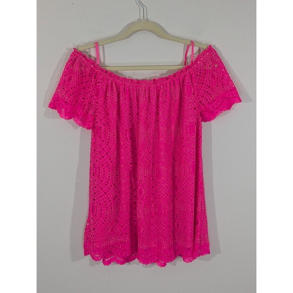 Lilly Pulitzer Marble Off The Shoulder Top In Kir Royal Pink Knotty Lace Sz L - Picture 10 of 10